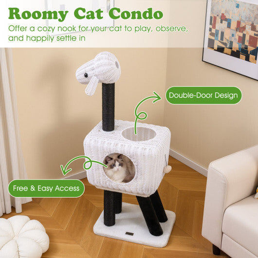 43-Inch Lamb-Shaped Cat Tower with 2-Door Rattan Condo for Indoor Kittens-White LuxuryLifeWay Online Store