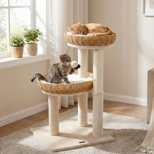 30-Inch Cat Tower with 2 Rattan Cat Baskets for Indoor Kittens-Beige LuxuryLifeWay Online Store