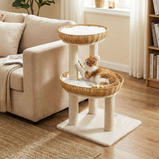 30-Inch Cat Tower with 2 Rattan Cat Baskets for Indoor Kittens-Beige LuxuryLifeWay Online Store