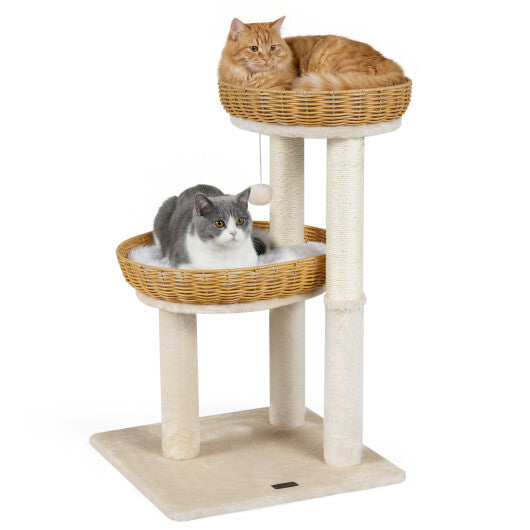 30-Inch Cat Tower with 2 Rattan Cat Baskets for Indoor Kittens-Beige LuxuryLifeWay Online Store