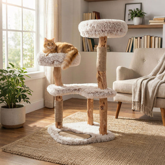 40" Modern Cat Tree Tower with Luxury Real Wood Natural Branch and 2 Padded Perches for Pets-White LuxuryLifeWay Online Store