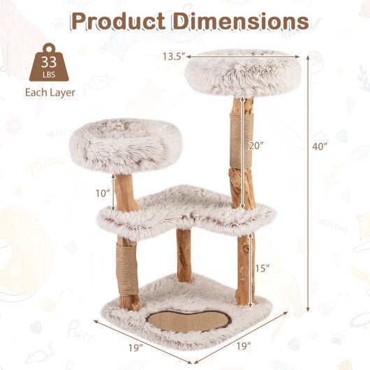 40" Modern Cat Tree Tower with Luxury Real Wood Natural Branch and 2 Padded Perches for Pets-White LuxuryLifeWay Online Store