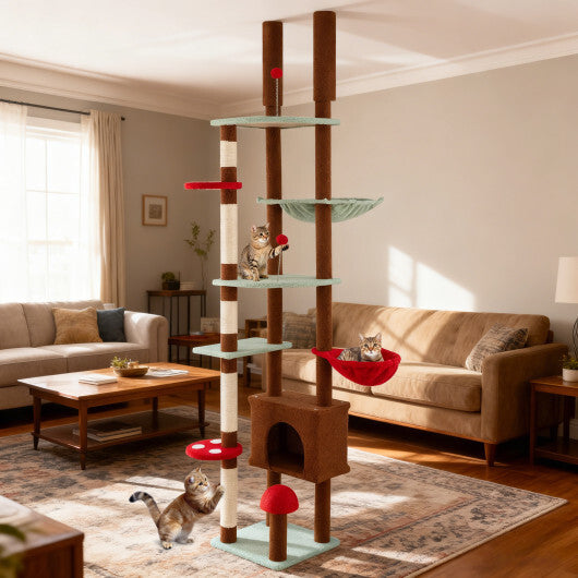 Floor to Ceiling Cat Tree Adjustable Mushroom Themed with Condo and Hammock-Brown LuxuryLifeWay Online Store