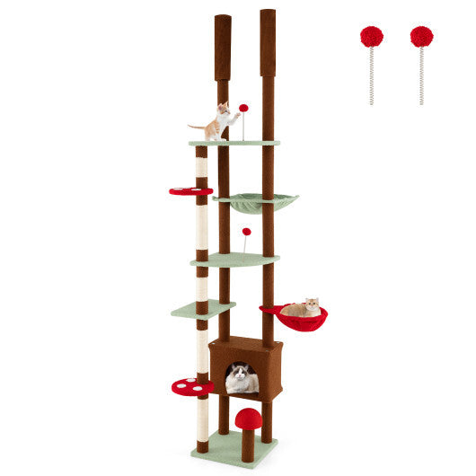 Floor to Ceiling Cat Tree Adjustable Mushroom Themed with Condo and Hammock-Brown LuxuryLifeWay Online Store