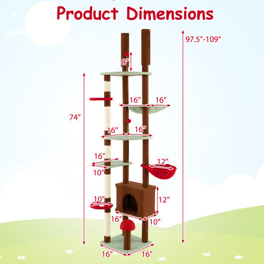 Floor to Ceiling Cat Tree Adjustable Mushroom Themed with Condo and Hammock-Brown LuxuryLifeWay Online Store
