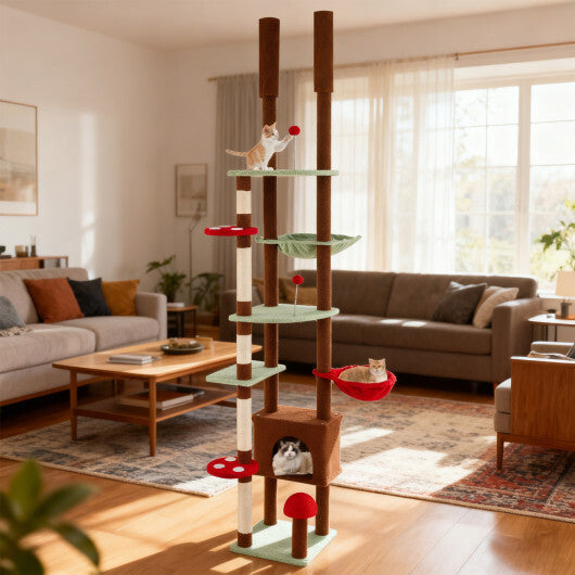 Floor to Ceiling Cat Tree Adjustable Mushroom Themed with Condo and Hammock-Brown LuxuryLifeWay Online Store