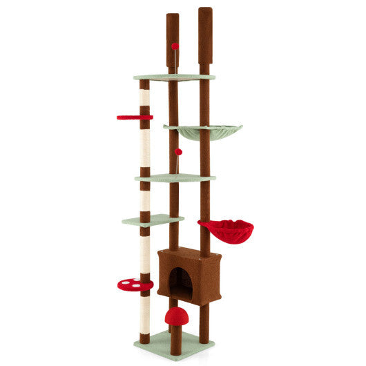 Floor to Ceiling Cat Tree Adjustable Mushroom Themed with Condo and Hammock-Brown LuxuryLifeWay Online Store
