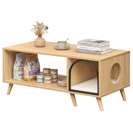 40 Inch Coffee Table Cat House 2-in-1 Wooden Kitten Furniture with Open Storage Shelf-Natural LuxuryLifeWay Online Store