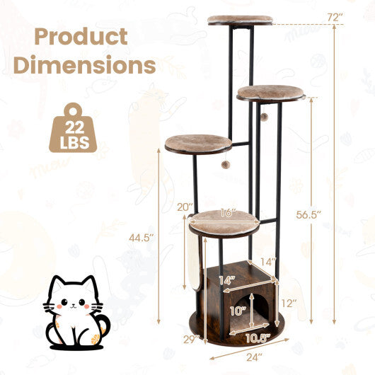 72-Inch Tall Multi-Level Cat Condo with Top Perch Platforms and Removable Washable Mats-Rustic Brown