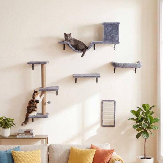 5-in-1 Cat Wall Shelves with Condo Bridge Perch Platform Scratching Post and Board for Indoor-Gray LuxuryLifeWay Online Store