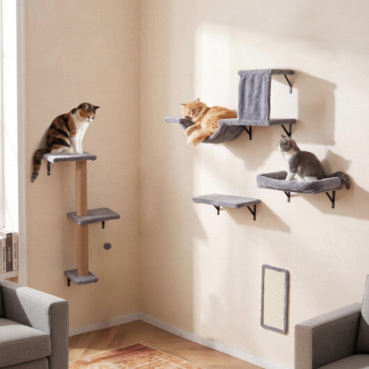 5-in-1 Cat Wall Shelves with Condo Bridge Perch Platform Scratching Post and Board for Indoor-Gray LuxuryLifeWay Online Store
