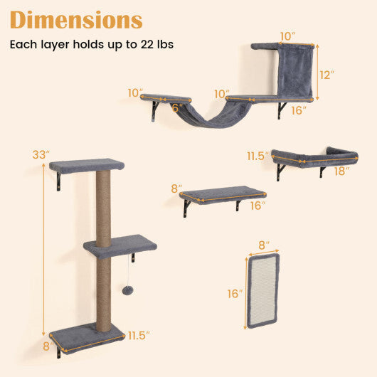 5-in-1 Cat Wall Shelves with Condo Bridge Perch Platform Scratching Post and Board for Indoor-Gray LuxuryLifeWay Online Store