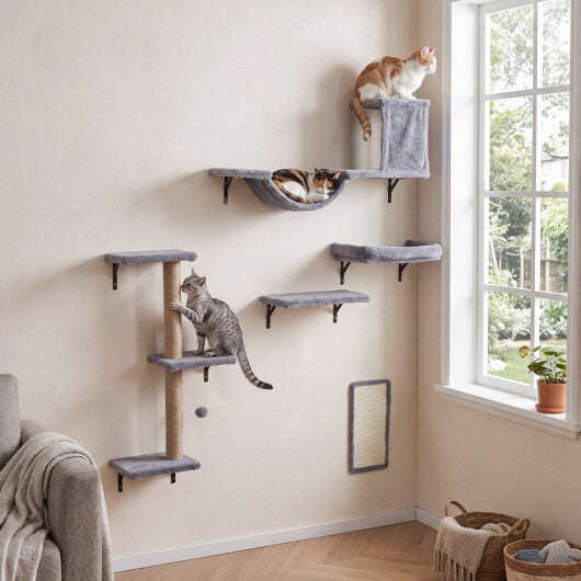 5-in-1 Cat Wall Shelves with Condo Bridge Perch Platform Scratching Post and Board for Indoor-Gray LuxuryLifeWay Online Store