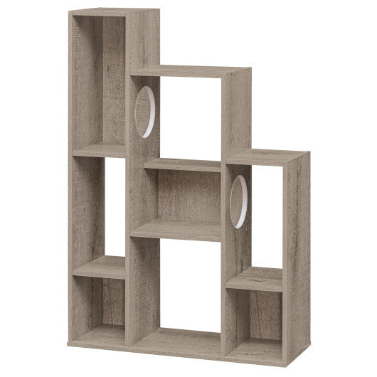 Modern Cat Bookshelf Cat Tree 8-Section Storage Cabinet with 2 Round Holes-Gray Oak LuxuryLifeWay Online Store