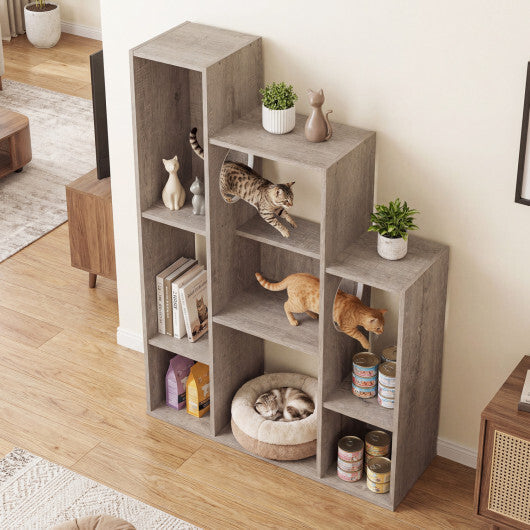 Modern Cat Bookshelf Cat Tree 8-Section Storage Cabinet with 2 Round Holes-Gray Oak LuxuryLifeWay Online Store