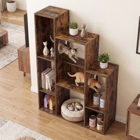 Modern Cat Bookshelf Cat Tree 8-Section Storage Cabinet with 2 Round Holes-Gray Oak LuxuryLifeWay Online Store