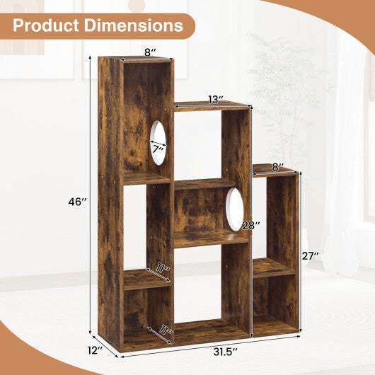 Modern Cat Bookshelf Cat Tree 8-Section Storage Cabinet with 2 Round Holes-Gray Oak LuxuryLifeWay Online Store