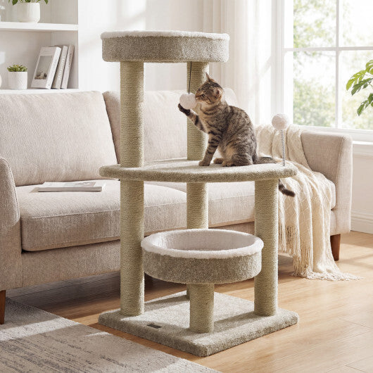 36" Carpeted Cat Tree with Plush Perches  Scratching Posts and Dangling Ball LuxuryLifeWay Online Store