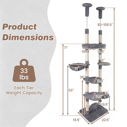 6-tier Floor to Ceiling Cat Tree with Plush Bed and Sisal Scratching Posts-Gray LuxuryLifeWay Online Store