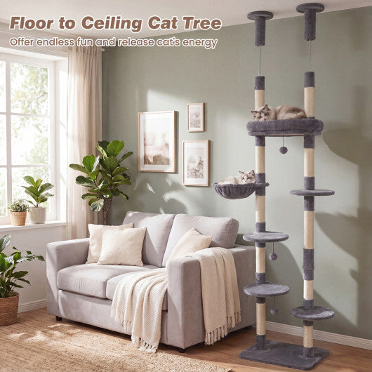 6-tier Floor to Ceiling Cat Tree with Plush Bed and Sisal Scratching Posts-Gray LuxuryLifeWay Online Store