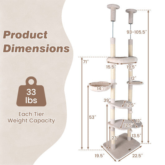 6-tier Floor to Ceiling Cat Tree with Plush Bed and Sisal Scratching Posts-Gray LuxuryLifeWay Online Store
