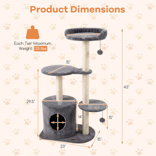 43" Cat Tree for Indoor Cats with Comfy Plush Perches and Sisal Scratching Posts-Gray LuxuryLifeWay Online Store