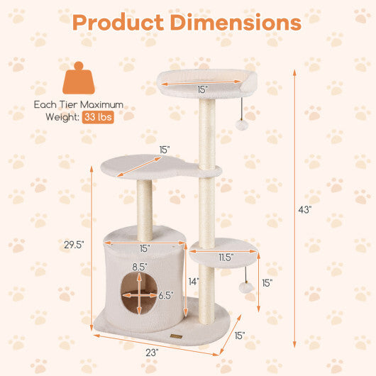 43" Cat Tree for Indoor Cats with Comfy Plush Perches and Sisal Scratching Posts-Gray LuxuryLifeWay Online Store