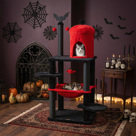 51" Gothic Multi-level Cat Tree with Spider Hanging Toy for Black Halloween-Red LuxuryLifeWay Online Store