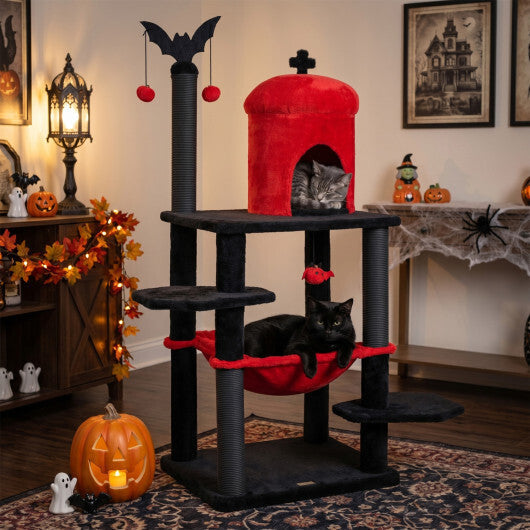 51" Gothic Multi-level Cat Tree with Spider Hanging Toy for Black Halloween-Red LuxuryLifeWay Online Store