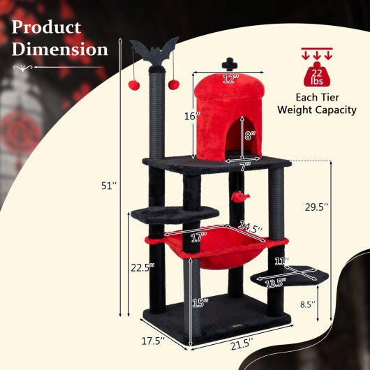 51" Gothic Multi-level Cat Tree with Spider Hanging Toy for Black Halloween-Red LuxuryLifeWay Online Store