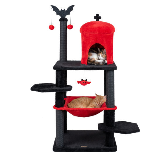 60" Gothic Cat Tower with Plush Perch and Spider Hanging Toys for Black Halloween-Red LuxuryLifeWay Online Store