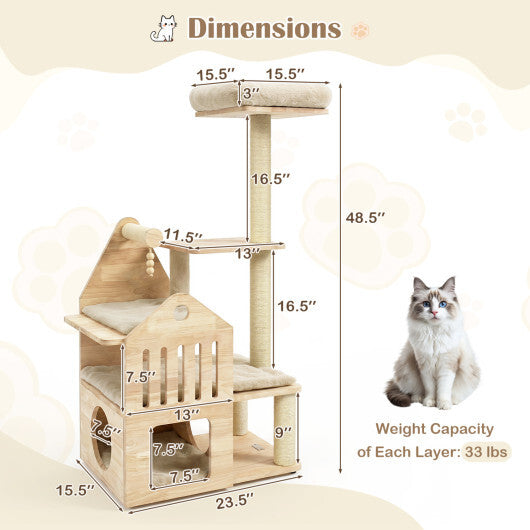 48.5" Multi-Level Solid Wood Cat Tree for Indoor Cats with Padded Top Perch Cat Condo and Sisal Scratching Posts-Gray LuxuryLifeWay Online Store