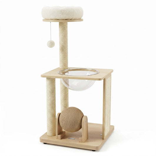 40" Solid Wood Cat Tree with Space Capsule & Sisal Posts and Scratching Board-Natural LuxuryLifeWay Online Store