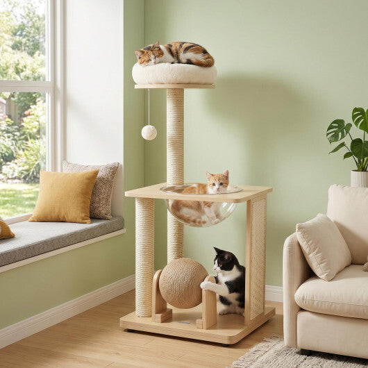 40" Solid Wood Cat Tree with Space Capsule & Sisal Posts and Scratching Board-Natural LuxuryLifeWay Online Store