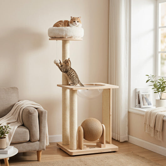 40" Solid Wood Cat Tree with Space Capsule & Sisal Posts and Scratching Board-Natural LuxuryLifeWay Online Store