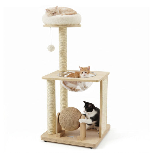 40" Solid Wood Cat Tree with Space Capsule & Sisal Posts and Scratching Board-Natural LuxuryLifeWay Online Store