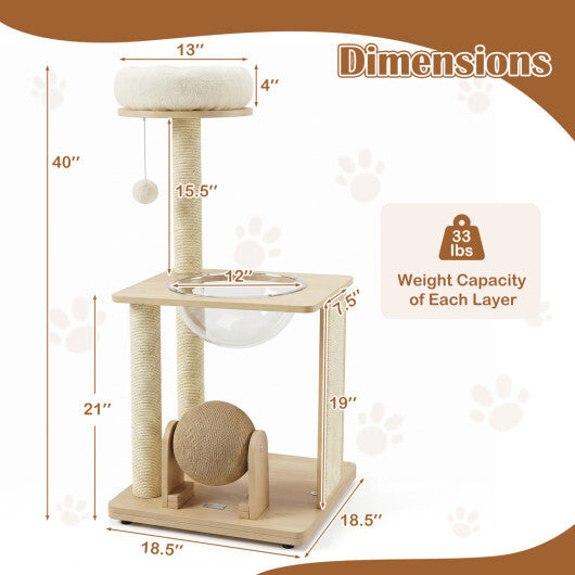 40" Solid Wood Cat Tree with Space Capsule & Sisal Posts and Scratching Board-Natural LuxuryLifeWay Online Store