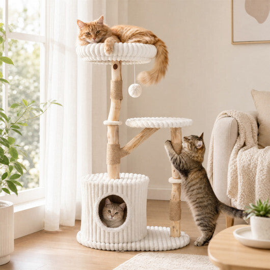 Solid Wood Cat Tree 41 Inch with Real Branches & Scratching Posts and Cozy Bed-Beige LuxuryLifeWay Online Store