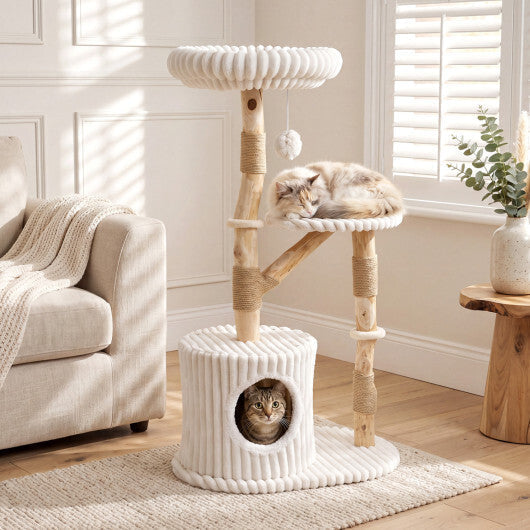 Solid Wood Cat Tree 41 Inch with Real Branches & Scratching Posts and Cozy Bed-Beige LuxuryLifeWay Online Store