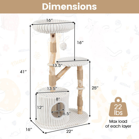 Solid Wood Cat Tree 41 Inch with Real Branches & Scratching Posts and Cozy Bed-Beige LuxuryLifeWay Online Store