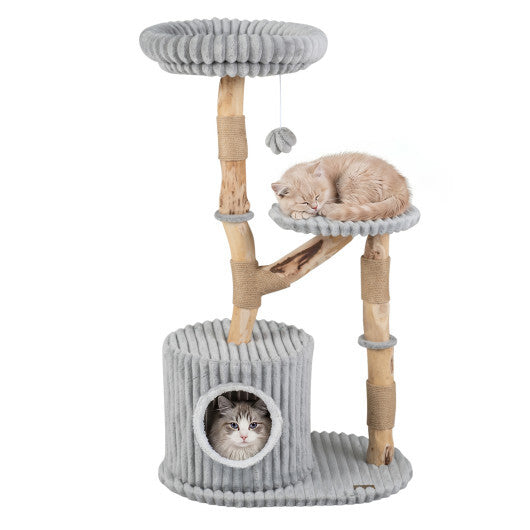 Solid Wood Cat Tree 41 Inch with Real Branches & Scratching Posts and Cozy Bed-Beige LuxuryLifeWay Online Store
