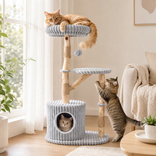Solid Wood Cat Tree 41 Inch with Real Branches & Scratching Posts and Cozy Bed-Beige LuxuryLifeWay Online Store