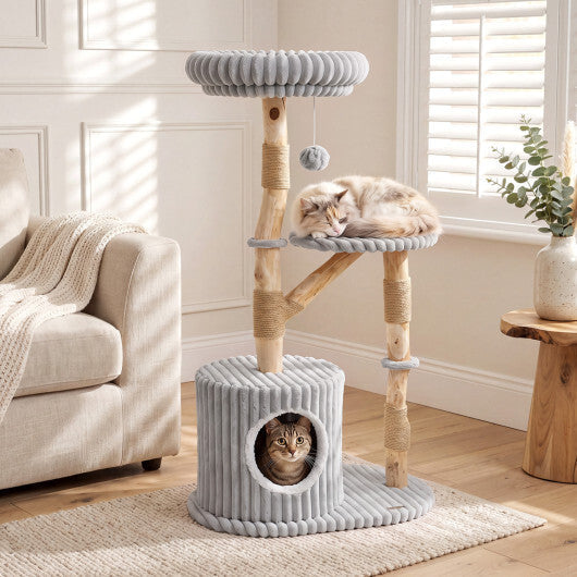 Solid Wood Cat Tree 41 Inch with Real Branches & Scratching Posts and Cozy Bed-Beige LuxuryLifeWay Online Store