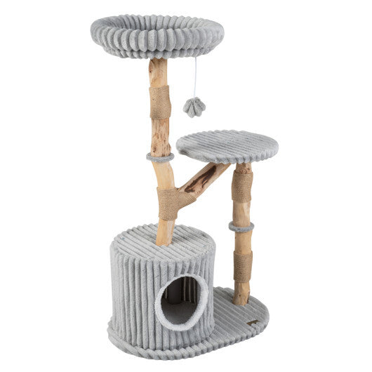 Solid Wood Cat Tree 41 Inch with Real Branches & Scratching Posts and Cozy Bed-Beige LuxuryLifeWay Online Store