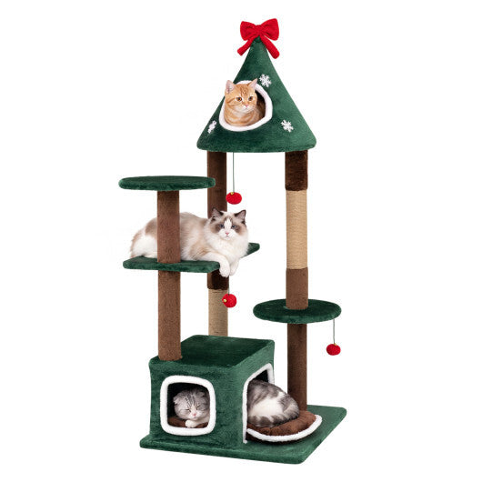 54"Christmas Cat Tree with 2 Condos and Removable Cushion-Green LuxuryLifeWay Online Store