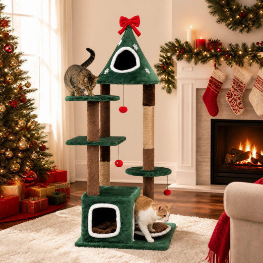 54"Christmas Cat Tree with 2 Condos and Removable Cushion-Green LuxuryLifeWay Online Store