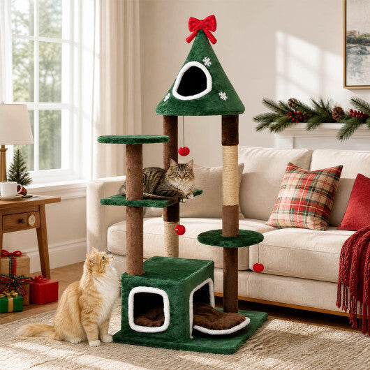 54"Christmas Cat Tree with 2 Condos and Removable Cushion-Green LuxuryLifeWay Online Store