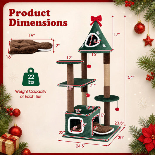 54"Christmas Cat Tree with 2 Condos and Removable Cushion-Green LuxuryLifeWay Online Store