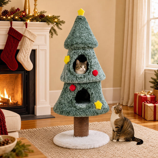 Christmas Cat Tree with 2 Condos Scratching Post and Decorative Stars-Green LuxuryLifeWay Online Store