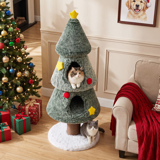 Christmas Cat Tree with 2 Condos Scratching Post and Decorative Stars-Green LuxuryLifeWay Online Store